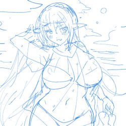 1girl arm_behind_head beach bikini braid covered_erect_nipples crossed_bangs crown_braid light_blush light_smile long_hair ninoko ocean original pointy_ears see-through_clothes see-through_shirt shirt sketch sun swimsuit sylpha_(ninoko) wet wet_clothes wet_shirt