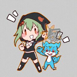 1girl :d alycoris arm_up bike_shorts bikini bikini_top_only black_bikini black_boots black_jacket black_shorts black_socks blue_skin blush_stickers boots chibi chibi_only claws colored_skin commentary_request digimon digimon_(creature) digimon_world_re:digitize dragon full_body goggles goggles_around_neck green_hair grey_background hair_between_eyes hair_ornament hood hood_up hooded_jacket jacket knee_boots long_sleeves looking_at_viewer multicolored_bikini notice_lines open_mouth orange_eyes over-kneehighs partially_unzipped red_eyes shinomiya_rina short_hair short_hair_with_long_locks shorts sidelocks signature simple_background smile socks standing swimsuit thighhighs two-tone_bikini v-mon watermark white_bikini x_hair_ornament