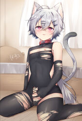 1boy animal_ear_fluff animal_ears bar_censor bed bedroom blush bodysuit cat_boy cat_ears cat_tail censored collar curtains erection fingerless_gloves gloves grey_hair hair_between_eyes highres indoors looking_at_viewer male_focus male_masturbation masturbation nipples open_mouth original penis pink_eyes shota solo sweat tail testicles torn_bodysuit torn_clothes trap yasuko_ame