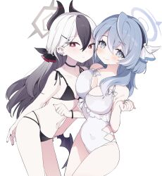 Rule 34 | 2girls, ako (blue archive), bikini, black bikini, black choker, black hair, black horns, blue archive, blue eyes, blue hair, blue halo, breasts, choker, demon horns, demon wings, frilled one-piece swimsuit, frills, grey halo, halo, highres, horns, kayoko (blue archive), large breasts, long hair, looking at viewer, mole, mole on neck, multi-strapped bikini bottom, multicolored hair, multiple girls, one-piece swimsuit, red eyes, simple background, single wing, small breasts, swimsuit, two-tone hair, white background, white hair, white one-piece swimsuit, wings, ymm007xx