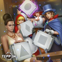 4girls ace_attorney aura b.b._hood blonde_hair blue_eyes brown_hair chest_jewel company_connection crossover darkstalkers darkstalkers_3 earrings energy excella_gionne gem gloves glowing hat highres hood jewelry kuroiwa_enu magic magician multiple_crossover multiple_girls necklace official_art red_hair resident_evil resident_evil_5 suitcase tabasa telekinesis trucy_wright warzard witch witch_hat