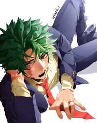 1boy absurdres aged_up arm_support black_shoes boku_no_hero_academia fingernails formal_clothes freckles green_eyes green_hair head_rest highres jewelry kynlv long_sleeves lying male_focus midoriya_izuku necktie on_side open_mouth red_necktie ring scar scar_on_arm scar_on_face shirt shoes short_hair simple_background solo suit teeth thighs twitter_username veins veiny_hands white_background yellow_shirt