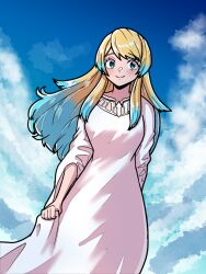 1girl blonde_hair blue_hair blush closed_mouth commentary cosplay crossover dress english_commentary fire_emblem fire_emblem_heroes fjorm_(fire_emblem) gradient_hair highres long_hair looking_at_viewer mnejing30 multicolored_hair nintendo princess_zelda princess_zelda_(cosplay) short_hair solo the_legend_of_zelda the_legend_of_zelda:_skyward_sword very_long_hair white_dress wide_sleeves