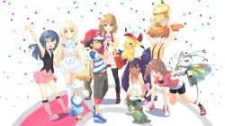 1boy 6+girls alolan_form alolan_vulpix ash_ketchum axew beautifly blonde_hair blue_eyes blue_hair braixen breasts brown_eyes brown_hair creatures_(company) dawn_(pokemon) game_freak gen_1_pokemon gen_3_pokemon gen_4_pokemon gen_5_pokemon gen_6_pokemon gen_7_pokemon green_eyes highres iris_(pokemon) lillie_(pokemon) may_(pokemon) misty_(pokemon) multiple_girls nintendo on_head orange_hair pikachu piplup pokemon pokemon_(anime) pokemon_(classic_anime) pokemon_(creature) pokemon_bw_(anime) pokemon_dppt_(anime) pokemon_on_head pokemon_rse_(anime) pokemon_sm_(anime) pokemon_xy_(anime) psyduck serena_(pokemon) snout tenjou_ryuka