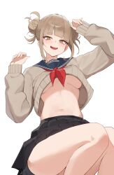 1girl absurdres arm_up black_skirt blue_sailor_collar boku_no_hero_academia breasts brown_hair brown_sweater cone_(arca_live) crop_top crop_top_overhang double_bun hair_bun hand_up highres long_hair long_sleeves looking_at_viewer medium_breasts midriff navel neckerchief open_mouth pleated_skirt red_neckerchief sailor_collar school_uniform simple_background skirt smile solo stomach sweater thighs toga_himiko underboob white_background yellow_eyes
