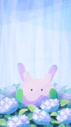 antennae closed_mouth flower gen_6_pokemon goomy highres hydrangea leaf looking_at_viewer nintendo no_humans numera_goomy pokemon pokemon_(creature) purple_flower solid_oval_eyes solo