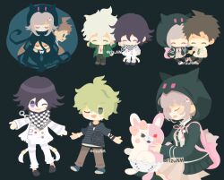 Rule 34 | 1girl, 5boys, :d, ;d, amami rantaro, animal bag, animal ears, black background, black jacket, black shirt, bow, brown pants, cat bag, cat ears, danganronpa (series), danganronpa 2: goodbye despair, danganronpa v3: killing harmony, dress shirt, ear bow, fake animal ears, galaga, green hair, hinata hajime, hood, hood up, hooded jacket, jacket, jewelry, kamukura izuru, komaeda nagito, monomi (danganronpa), multiple boys, nanami chiaki, neck ribbon, necklace, oma kokichi, one eye closed, open clothes, open jacket, open mouth, pants, pink bag, pink bow, pink ribbon, print shirt, ribbon, rizu (rizunm), shirt, simple background, smile, spaceship hair ornament, striped clothes, striped shirt, white shirt
