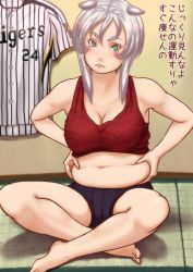 1girl animal_ears barefoot baseball_jersey belly blush_stickers breasts cat_ears cleavage deep_skin female_focus full_body hakusan_tora hanshin_tigers highres indian_style jersey kamisuki large_breasts midriff muffin_top navel nippon_professional_baseball no original plump silver_hair sitting solo tatami translation_request weight_conscious