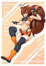 Rule 34 | animal ears, antenna hair, blazblue, breasts, brown hair, highres, homura (haku89), large breasts, makoto nanaya, orange eyes, smile, squirrel ears, squirrel tail, tail, underboob