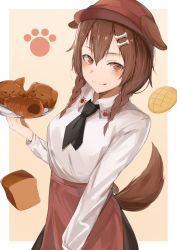 1girl absurdres animal_ears apron black_necktie black_skirt bone_hair_ornament braid bread breasts brown_hair chocolate_cornet closed_mouth collared_shirt commentary cowboy_shot cream cream_on_face dog_ears dog_girl dog_tail dogxfish female_focus food food_on_face hair_between_eyes hair_ornament head highres hololive inugami_korone licking_lips long_sleeves looking_at_viewer medium_breasts medium_hair melon_bread necktie pink_background plate red_eyes red_headwear shirt short_necktie side_braids simple_background skirt smile solo tail tongue tongue_out twin_braids virtual_youtuber white_shirt wing_collar