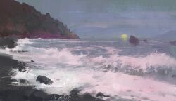 blue_sky dawn hill horizon night no_humans ocean original outdoors scenery shadow shore sky slow_d water waves
