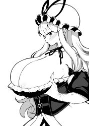 Rule 34 | 1girl, absurdres, bare shoulders, blush, breasts, choker, cleavage, corset, dress, elbow gloves, frills, from side, gloves, grabbing own breast, hair between eyes, hat, highres, himajin noizu, huge breasts, long hair, mob cap, monochrome, ribbon choker, simple background, solo, touhou, upper body, white background, white gloves, yakumo yukari