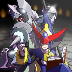 1boy 1girl android armor berkana_(mega_man) blonde_hair blue_eyes book breasts chest_jewel covered_eyes forehead_jewel gareth_(mega_man) gloves hat helmet helmet_over_eyes holding holding_book holding_polearm holding_staff holding_weapon jewelry joints large_breasts long_hair lowres mega_man_(series) mega_man_x_(series) mega_man_xtreme_2 napo pixelated polearm robot_ears robot_girl robot_joints smile staff staff_riding two_side_up weapon white_gloves witch witch_hat