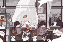 ._. 3girls animal artist_name bag bag_charm book broom brown_hair brown_skirt bucket building candy candy_corn carrot_charm chair charm_(object) city cityscape classroom commentary_request curtains day desk falling food grey_shirt grey_theme highres indoors kei_kawakami lock long_hair long_sleeves milk_carton multiple_girls open_book original oversized_animal padlock pen pencil_case pleated_skirt ponytail rabbit school school_bag school_chair school_desk school_uniform shirt shoes sign sitting skirt skyscraper sneakers socks spot_color stairs too_many too_many_rabbits tree twintails white_shoes white_socks window