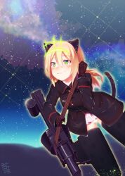1girl animal_ears aqua_eyes black_jacket blonde_hair blue_eyes blush cat_ears cat_girl cat_tail flying gun heinrike_prinzessin_zu_sayn-wittgenstein highres hirschgeweih_antennas holding holding_gun holding_weapon jacket long_hair mg_151_cannon military military_uniform night night_sky noble_witches outdoors panties sky smile solo star_(sky) striker_unit tail underwear unier weapon white_panties world_witches_series