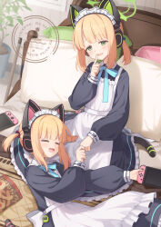 2girls :3 :d apron bag_of_chips black_dress blonde_hair blue_archive blue_ribbon blunt_bangs blush closed_eyes commentary dress drooling finger_to_mouth frilled_apron frills green_eyes green_halo halo handheld_game_console highres holding holding_handheld_game_console koto_(colorcube) long_sleeves lying maid maid_headdress midori_(blue_archive) midori_(maid)_(blue_archive) momoi_(blue_archive) momoi_(maid)_(blue_archive) multiple_girls neck_ribbon nintendo_switch official_alternate_costume on_back on_bed open_mouth ribbon short_hair shushing sitting smile virtual_pet_(toy) watermark white_apron
