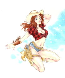 Rule 34 | 1girl, arm up, belt, bike shorts, blue background, blue eyes, blush, boots, breasts, brown hair, claire redfield, cleavage, cowboy boots, cowboy hat, denim, denim shorts, female focus, full body, gun, hand in own hair, handgun, hat, high heels, holster, kikimimi 612, knee boots, kneeling, large breasts, legs, looking at viewer, navel, on one knee, plaid clothes, plaid shirt, resident evil, resident evil: revelations 2, revolver, shirt, short shorts, shorts, simple background, smile, solo, star (symbol), tied shirt, weapon, white background