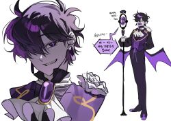 1boy black_gemstone black_hair black_jacket black_pants black_sapphire_cookie closed_eyes cookie_run cookie_run:_kingdom earrings full_body gem grin gunbam240810 highres holding holding_staff humanization jacket jewelry korean_text looking_at_viewer low_wings multiple_views open_mouth pants sharp_teeth smile speech_bubble staff teeth translation_request wings