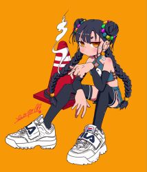 1girl bare_shoulders black_hair black_sleeves black_thighhighs blue_shirt blue_skirt braid cigarette closed_mouth crop_top detached_sleeves dice dice_earrings double_bun earrings fila full_body hair_bun hair_ornament hand_up highres holding holding_cigarette light_blush long_hair long_sleeves looking_at_viewer miniskirt nao97122 orange_background orange_eyes original revision ringed_eyes shirt shoes signature simple_background sitting skirt sleeveless sleeveless_shirt smoke smoking sneakers solo thighhighs traffic_cone twin_braids very_long_hair white_shoes yin_yang yin_yang_print