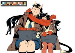 2girls animal_ears atie1225 bag black_hair blue_skirt brown_coat cat_ears cat_girl cat_tail closed_eyes coat color_guide demon_horns dungeon_meshi gloves highres horns inutade izutsumi multiple_girls oni pants pants_under_skirt pleated_skirt red_gloves red_pants red_scarf scarf school_bag school_uniform shared_clothes shared_scarf sitting skirt sleeping sleeping_on_person sweater_vest tail