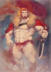 1boy bara beard bulge cape character_name facial_hair fate/grand_order fate/zero fate_(series) highres holding holding_sword holding_weapon iskandar_(fate) luerstine male_focus male_pubic_hair male_underwear manly navel pubic_hair red_cape red_eyes red_hair solo sword thighs topless_male underwear weapon