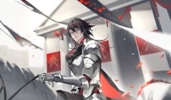 1boy absurdres alternate_costume armor banner black_cape black_hair black_pants building cape cowboy_shot cuirass falling_petals faulds gauntlets highres horse horseback_riding knight long_hair long_sleeves looking_at_viewer looking_to_the_side male_focus nijisanji nijisanji_en otsuatsushi outdoors pants parted_lips pauldrons petals red_cape red_shirt riding shirt shoulder_armor side_cape smile solo two-sided_cape two-sided_fabric virtual_youtuber vox_akuma white_horse yellow_eyes