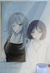 Rule 34 | 2girls, = =, black tank top, blush, breasts, brown eyes, brushing teeth, closed eyes, commentary, girls band cry, grey eyes, grey hair, hair down, hand on own hip, hand up, highres, indoors, iseri nina, kawaragi momoka, long hair, medium breasts, mirror, multiple girls, one eye closed, rosukowa, short hair, sleepy, tank top, toothbrush, toothbrush in mouth, toothpaste