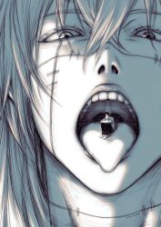 2boys eyelashes hair_between_eyes hair_over_eyes hair_over_one_eye heterochromia highres jujutsu_kaisen lips looking_at_viewer looking_down mahito_(jujutsu_kaisen) male_focus mini_person miniboy monochrome multiple_boys open_mouth pants patchwork_skin portrait school_uniform self_hug shirt short_hair short_sleeves sitting size_difference solo_focus stitches teeth tongue tongue_out upper_teeth_only uvula vore welllllll yoshino_junpei