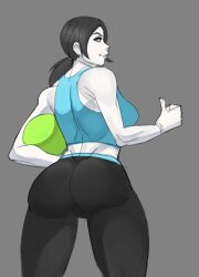 1girl 2024 ass back ball bare_shoulders black_hair black_pants blue_tank_top closed_mouth collarbone colored_skin commentary cowboy_shot desn english_commentary female_focus grey_background grey_eyes highres holding holding_ball legs_apart looking_at_viewer looking_back midriff nintendo pants ponytail shoulder_blades simple_background solo tank_top thumbs_up white_skin wii_fit wii_fit_trainer wii_fit_trainer_(female) yoga_pants