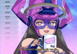 1990s_(style) 1girl animification bare_shoulders beneceadraws black_hair black_nails blue_background blue_gloves cup english_text fantastic_four fingerless_gloves fingernails galacta gloves gradient_background halo hand_up helmet highres holding holding_cup long_fingernails long_hair looking_at_viewer marvel marvel_rivals mechanical_halo open_mouth parody purple_background purple_eyes retro_artstyle smile solo style_parody two-tone_background upper_body