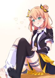 1girl asymmetrical_legwear black_jacket black_skirt black_thighhighs collarbone collared_shirt commentary_request convenient_skirt double_bun dressing full_body hair_bun hair_intakes hair_ornament heart highres hinoshita_kaho i_do_me!_(love_live!) jacket knees_up leg_warmers link!_like!_love_live! love_live! mano_409 medium_hair miniskirt mismatched_legwear multiple_thigh_straps official_alternate_costume open_clothes open_jacket orange_hair pleated_skirt shirt short-sleeved_jacket short_sleeves simple_background single_bare_foot single_leg_warmer single_sleeve single_thighhigh skirt soles solo thighhighs toes uneven_legwear virtual_youtuber white_background white_leg_warmers white_shirt x_hair_ornament