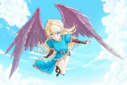 Rule 34 | 1girl, absurdres, belt, black belt, black shoes, blonde hair, blue dress, blue eyes, blush, breasts, breath of fire, breath of fire ii, cloud, cloudy sky, commentary request, dress, feathered wings, fingerless gloves, flying, full body, gauntlets, gem, gloves, gold trim, green gemstone, highres, leaning forward, long hair, looking at viewer, making-of available, medium breasts, momo oddeye, nina (breath of fire ii), outdoors, pink gemstone, puffy short sleeves, puffy sleeves, purple gloves, purple wings, shoes, short sleeves, sky, solo, two side up, wings