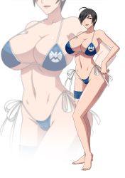 1girl ahoge barefoot bikini black_eyes black_hair blue_bikini breasts cameltoe cleavage covered_erect_nipples devil-v female_focus hair_over_one_eye highres huge_breasts maria_hill marvel navel open_mouth short_hair side-tie_bikini_bottom solo standing strap_gap swimsuit tagme thigh_strap zoom_layer