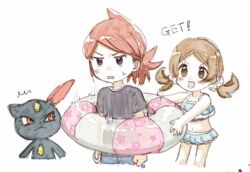 1boy 1girl :d asuka_rkgk bikini blush brown_eyes brown_hair chibi chibi_only commentary_request cowlick eyelashes gen_2_pokemon holding innertube lyra_(pokemon) medium_hair motion_lines navel nintendo open_mouth parted_bangs pokemon pokemon_(creature) pokemon_hgss red_hair shirt short_sleeves silver_(pokemon) smile sneasel sweatdrop swim_ring swimsuit twintails white_background