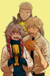 Rule 34 | 1girl, 2boys, armor, black gloves, blonde hair, blue sweater, braided pigtails, chainsaw man, closed eyes, coat, crossover, denji (chainsaw man), drama queen, dungeon meshi, eating, gloves, grey hair, haraya manawari, highres, laios touden, looking at another, multicolored hair, multiple boys, multiple crossover, nomamoto, pink eyes, pink hair, saliva, sharp teeth, shirt, short twintails, sweater, teeth, twintails, white shirt, yellow background