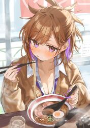 1girl breasts brown_cardigan brown_hair cardigan chopsticks cleavage collarbone commentary_request egg fingernails food highres holding holding_chopsticks holding_spoon large_breasts looking_at_viewer misekiss multicolored_hair nail_polish noodles original purple_hair purple_nails ramen school_uniform short_hair sitting solo spoon sweat two-tone_hair