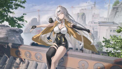 1girl absurdres against_railing ahoge angel_no_shousou asymmetrical_gloves bird black_bird black_gloves black_shorts black_thighhighs breasts cleavage closed_eyes collar commentary elbow_gloves facing_viewer feet_out_of_frame fingerless_gloves gloves grey_hair hair_ornament high-waist_shorts highres jacket large_breasts long_hair outstretched_arms railing shirt shorts single_bare_leg single_elbow_glove single_hair_intake single_thighhigh smile solo thighhighs uneven_gloves very_long_hair white_collar white_shirt yellow_jacket yixuan_(zenless_zone_zero) zenless_zone_zero