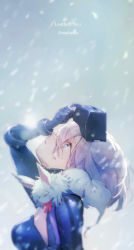 1girl adjusting_clothes adjusting_headwear animal animal_on_shoulder arm_up blue_eyes bodysuit breasts commentary_request fate/grand_order fate_(series) gloves looking_up mash_kyrielight mash_kyrielight_(ortenaus) mebaru parted_lips pink_hair simple_background snowing solo upper_body