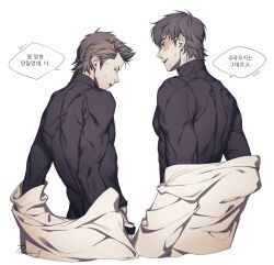 2boys ace_of_diamond black_hair black_shirt brown_hair character_request clothes_down cropped_torso from_behind glasses jacket korean_commentary korean_text kuramochi_youichi leviejzn long_sleeves looking_at_another looking_away looking_down male_focus midriff multiple_boys parted_lips profile shirt short_hair signature simple_background speech_bubble sweat tight_clothes tight_shirt toned toned_male undressing upper_body white_background white_jacket