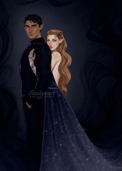 1boy 1girl a_court_of_thorns_and_roses_(series) absurdres artist_logo artist_name bare_shoulders black_hair blue_eyes brown_hair closed_mouth commentary couple dress earrings english_commentary feyre_archeron formal_clothes hair_ornament hand_in_pocket hand_tattoo hetero highres jewelry lips logo long_hair long_sleeves pointy_ears purple_eyes rhysand_(acotar) rosalynnart short_hair sleeveless smile standing suit tattoo very_long_hair
