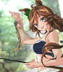 Rule 34 | 1girl, ahoge, animal, animal ears, bandeau, bare shoulders, bikini, blue bandeau, blue bikini, blue eyes, blush, breasts, brown hair, collarbone, fish, fish hook, fishing, fishing line, fishing rod, green eyes, hair between eyes, hair ornament, hairclip, holding, holding animal, holding fish, holding fishing rod, horse ears, horse girl, horse tail, long hair, looking at viewer, mr. c.b. (umamusume), open mouth, outdoors, shorts, smile, stomach, swimsuit, tail, taromarun, umamusume, upper body, water, water drop, white shorts