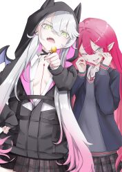 2girls absurdres baobhan_sith_(fate) beatrix_vivi black_jacket blush breasts fate/grand_order fate_(series) green_eyes grey_eyes grey_hair highres jacket large_breasts lilith_(fate) long_hair long_sleeves looking_at_viewer multiple_girls open_mouth pink_hair pointy_ears sidelocks skirt smile