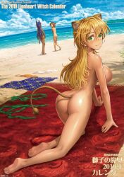 3girls abhaya_singh all_fours animal_ears artist_name ass beach blonde_hair blue_sky blush breasts cloud cloudy_sky commentary_request dark-skinned_female dark_skin day doujinshi extra_ears from_behind green_eyes hannelore_kummel large_breasts lion_ears lion_tail long_hair looking_at_another looking_at_viewer looking_back multiple_girls nude ocean original outdoors oyu_udon photoshop_(medium) purple_hair sand short_hair sky smile standing strike_witches_(lionheart_witch) tail thomasine_harriette_newton translation_request water world_witches_series