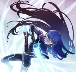 Rule 34 | 1boy, androgynous, black bodysuit, blue bodysuit, blue hair, bodysuit, closed mouth, floating hair, glowing, hair between eyes, highres, long hair, looking at viewer, male focus, nahobino, protagonist (smtv), shin megami tensei, shin megami tensei v, simple background, solo, twitter username, very long hair, yellow eyes, za210n