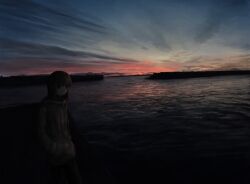1girl absurdres akebonobashi_(artist) beach black_pants brown_eyes brown_hair brown_hoodie city_lights cloud commentary_request dated_commentary highres hood hoodie horizon landscape long_sleeves looking_at_viewer ocean original outdoors pants scenery sky solo standing sunrise sunset water