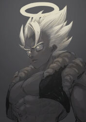 1boy abs absurdres black_vest blonde_hair closed_mouth collarbone cropped_vest dragon_ball dragon_ball_super dragon_ball_super_broly furrowed_brow glowing glowing_eyes glowing_hair glowing_halo gogeta halo highres looking_ahead loose_hair_strand male_focus medium_hair metamoran_vest muscular muscular_male no_shirt obata2nd open_clothes open_vest pectoral_cleavage pectorals shirtless_male sleeveless solo spiked_hair upper_body vest yellow_eyes