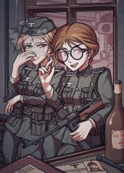 2girls alcohol belt belt_buckle blonde_hair blue_eyes bottle brick buck_teeth buckle cigarette covering_nose fenuier freckles german_clothes germany gun handgun hat highres holding holding_cigarette holding_gun holding_weapon military military_hat military_uniform military_vehicle motor_vehicle mp40 multiple_girls muzzle_device original paper photo_(object) pocket red_hair reichsadler round_eyewear smoke soldier submachine_gun swastika tank teeth tile_roof weapon window world_war_ii