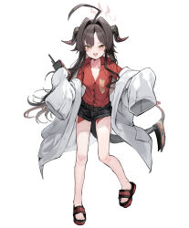 Rule 34 | 1girl, :d, absurdres, ahoge, black horns, black shorts, blue archive, breasts, cleavage, full body, halo, highres, holding, holding walkie-talkie, horns, kasumi (blue archive), lab coat, long hair, looking at viewer, open mouth, red halo, red shirt, sandals, shirt, shorts, small breasts, smile, solo, somray, standing, tail, toes, walkie-talkie, yellow eyes