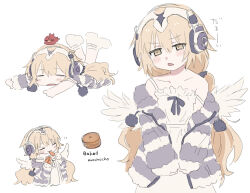 1girl angel_wings bird blonde_hair blush closed_eyes coat coat_on_shoulders commentary english_commentary fate/grand_order fate_(series) food fur-trimmed_coat fur_trim headphones highres holding holding_food jeanne_d&#039;arc_(fate) kaigan0211 low_twintails lying metatron_jeanne_(fate) multiple_views nightgown official_alternate_costume on_stomach pom_pom_(clothes) simple_background sleepwear socks solo translation_request twintails white_background white_socks wings yellow_eyes