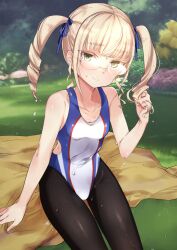 Rule 34 | 1girl, absurdres, alternate hairstyle, aohashi ame, bare shoulders, black pantyhose, blonde hair, blue one-piece swimsuit, blue ribbon, collarbone, drill hair, glasses, hair ribbon, highres, light smile, multicolored swimsuit, one-piece swimsuit, pantyhose, pantyhose under swimsuit, perrine h. clostermann, ribbon, solo, strike witches, swimsuit, twin drills, twintails, wet, wet clothes, white one-piece swimsuit, world witches series, yellow eyes